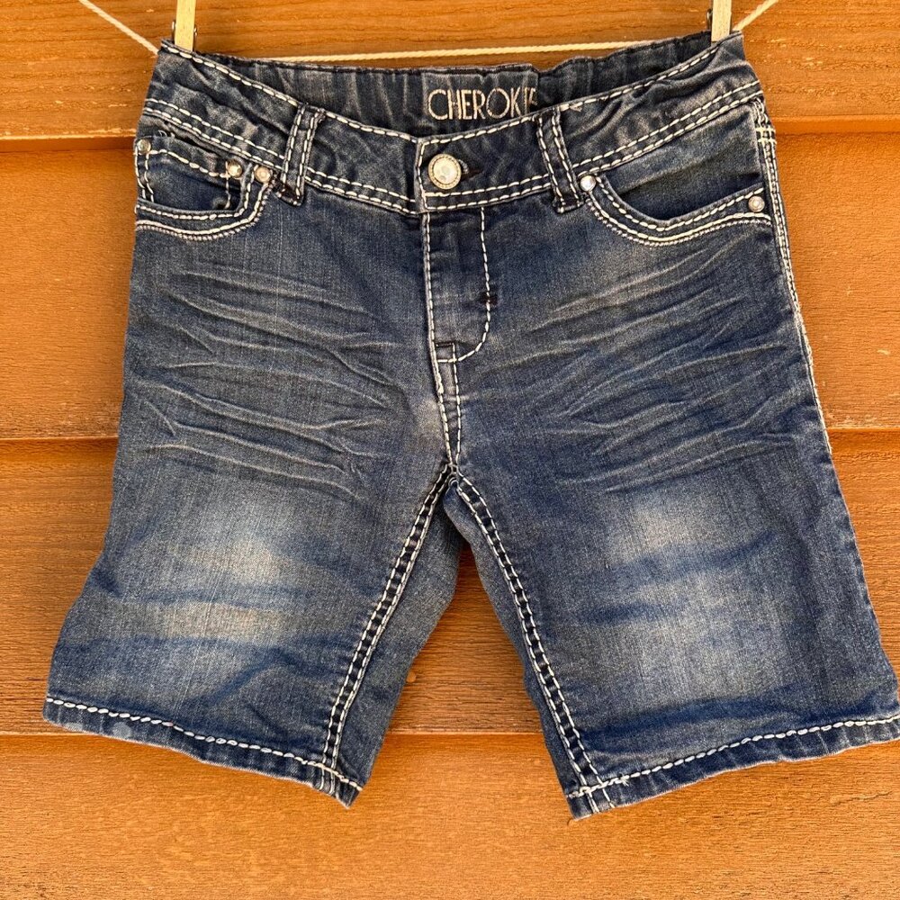 Girls Cherokee Denim Shorts L 10/12 With Rhinestone Back Pockets Adjustable Wais